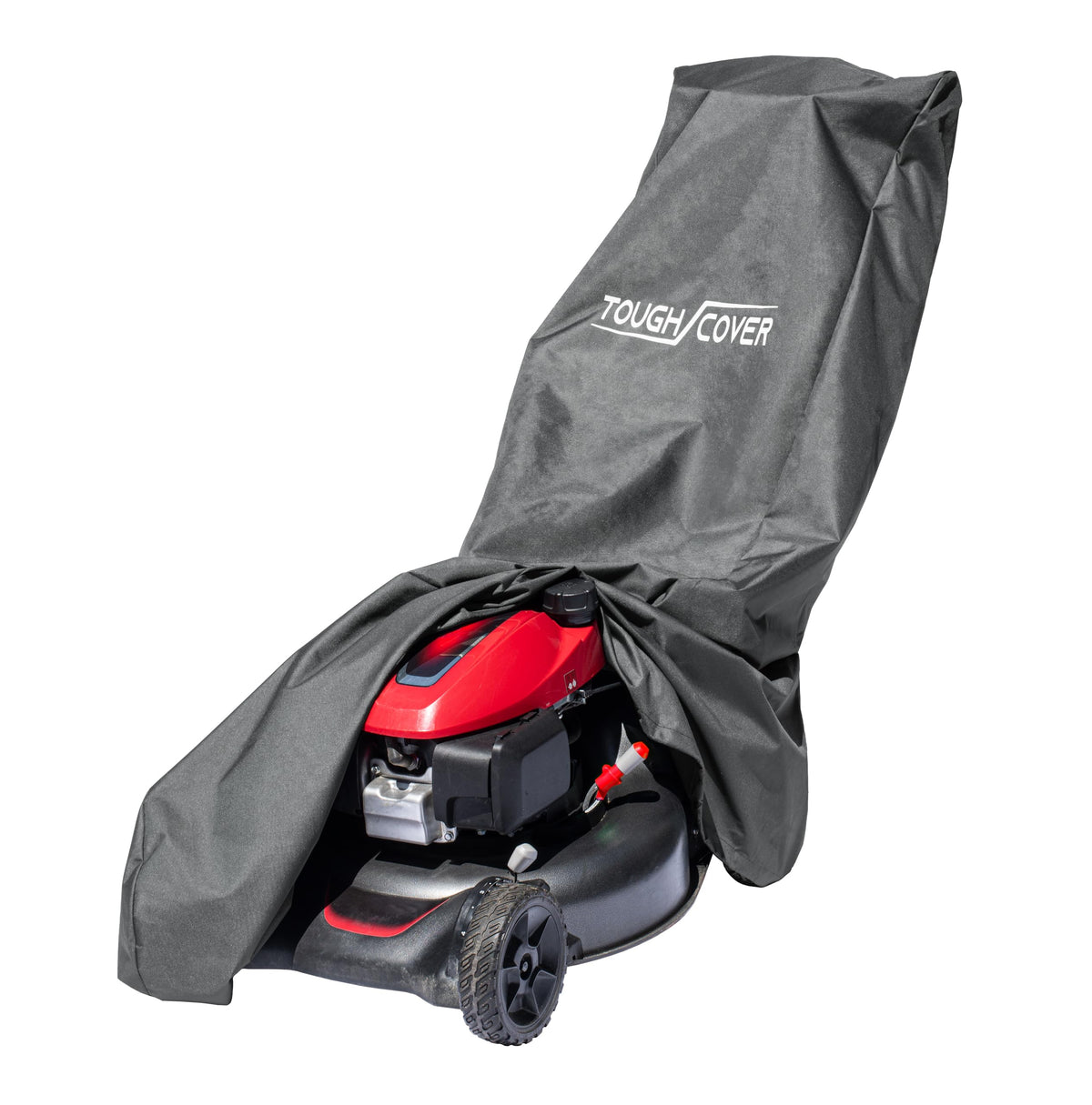 Tough Cover lawn mower cover front view protects equipment from rain and dust.