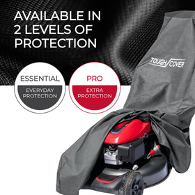 Lawn mower under Tough Cover protects from snow, rain, and sun outdoors.
