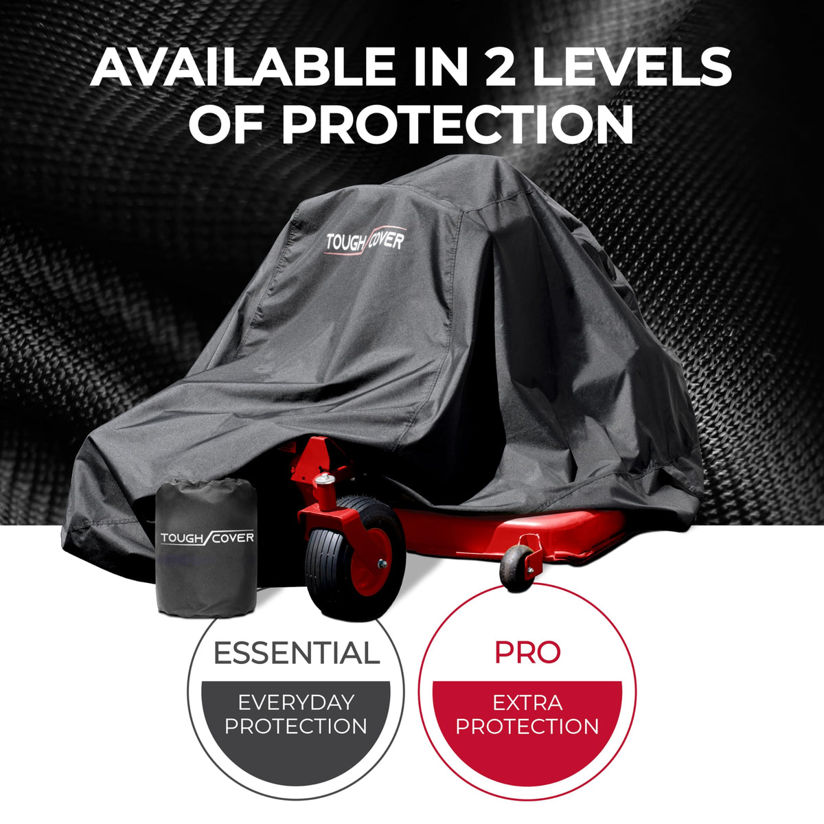 Tough Cover zero-turn mower cover, side view with drawstring for wind resistance.