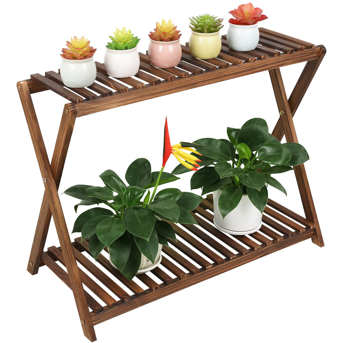 Tovacu 2-tier plant stand with X-cross design for indoor display