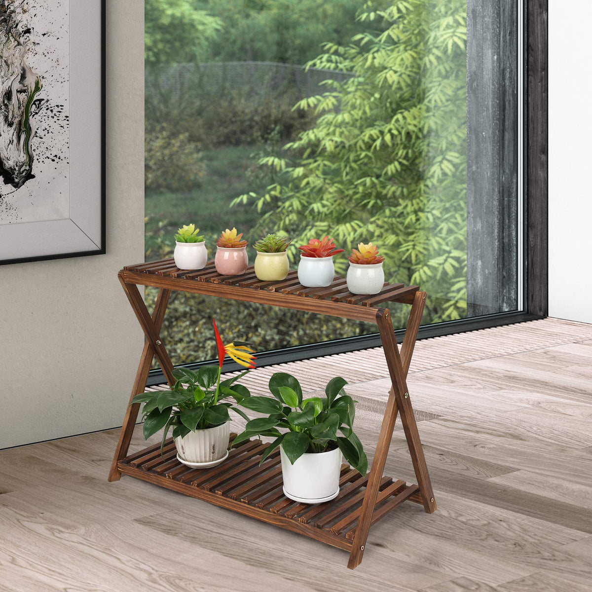 Tovacu plant stand shows easy-assembly hardware included