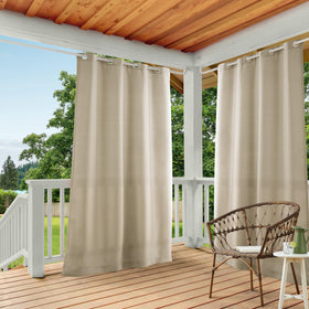 Town & Country Basics Cabana curtains in taupe show heavyweight indoor/outdoor fabric for versatile use