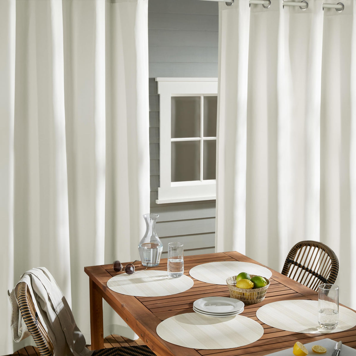 Town & Country Basics Cabana solid curtains grommet-top close-up shows rust-proof hardware.