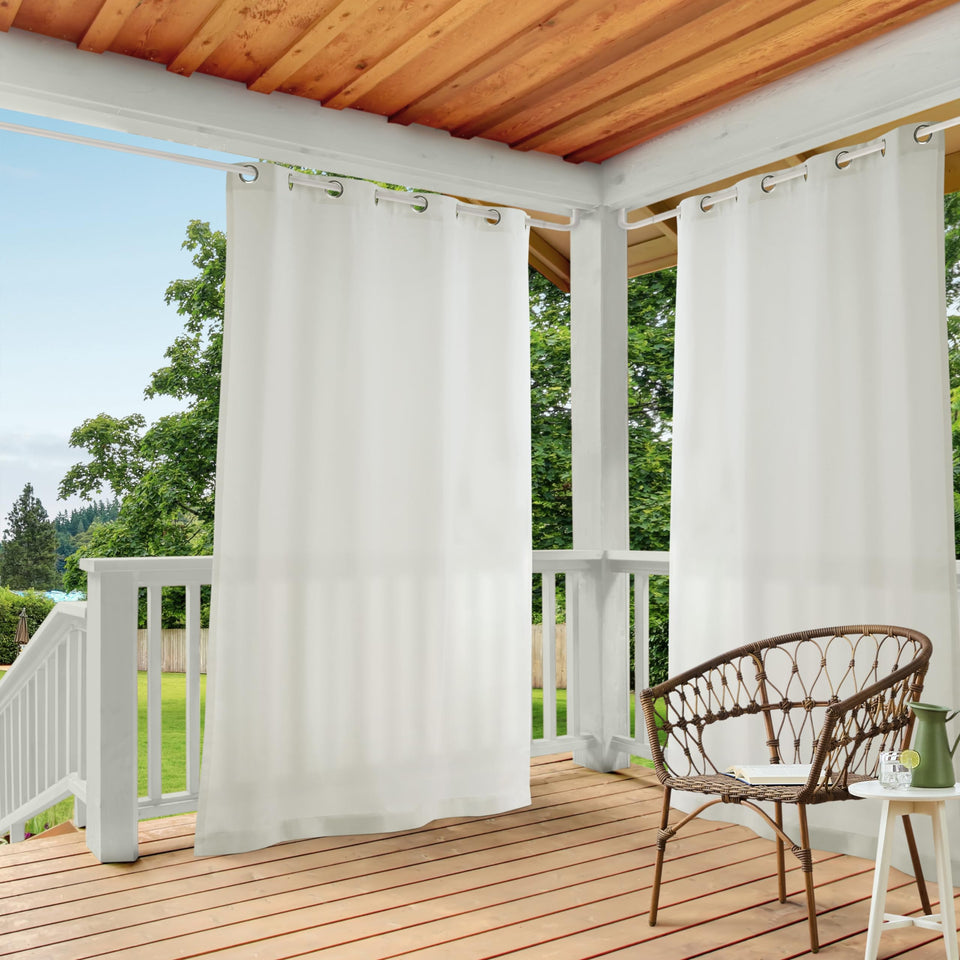 Town & Country Basics Cabana solid curtains on outdoor patio provide privacy with light.