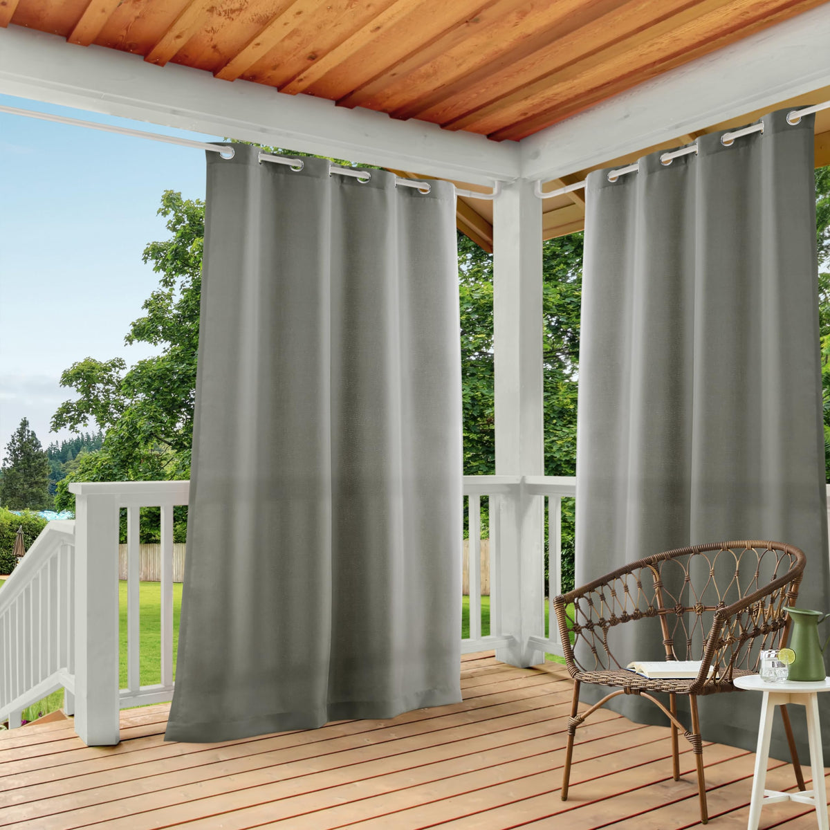 Town & Country Basics Cabana heavyweight curtains on porch for privacy and soft light