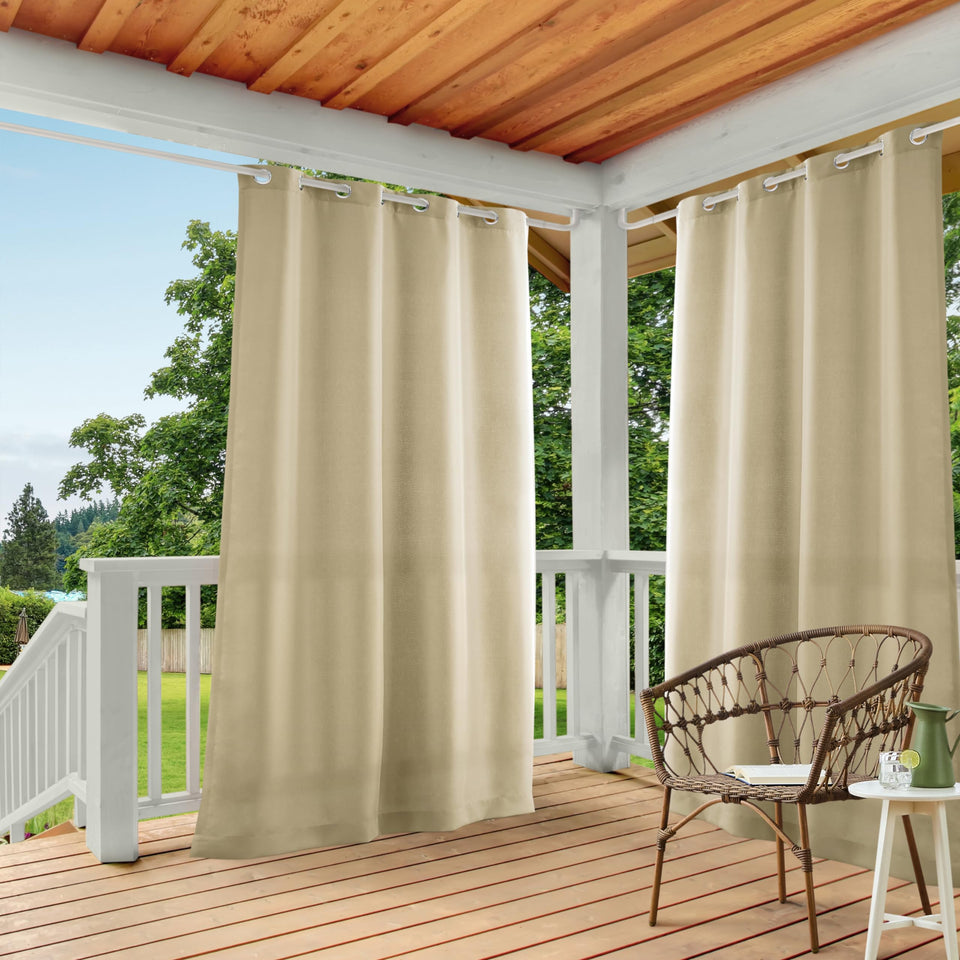 Town & Country Basics Cabana Solid Heavyweight Curtain with water-repellent finish for outdoor spaces.