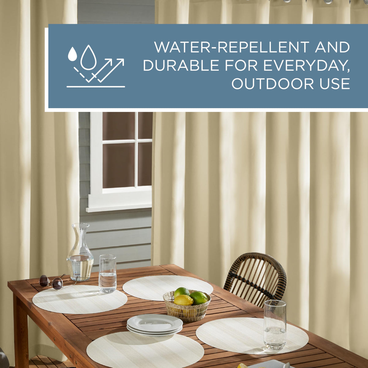 Town & Country Basics Cabana Solid Indoor/Outdoor curtain resists moisture on patios.