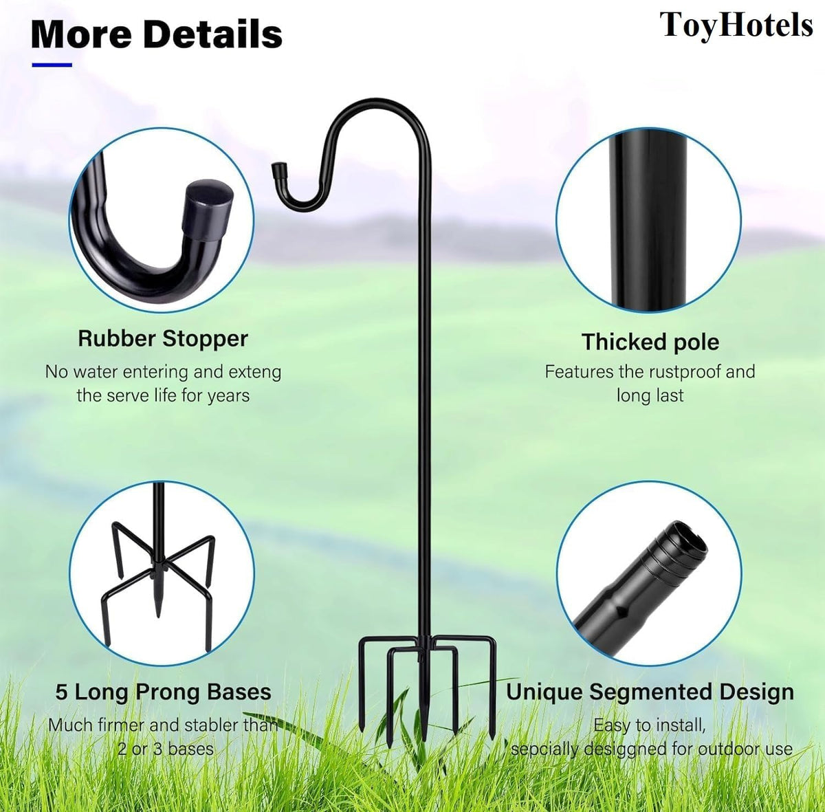 ToyHotels shepherd hooks hanging lanterns for outdoor ambiance and safe display.