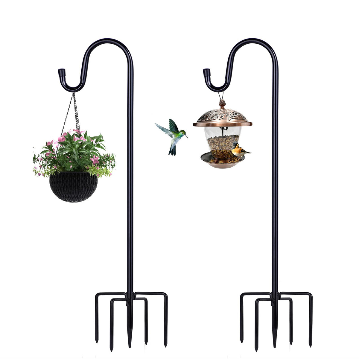 ToyHotels shepherd hooks outdoor 62-inch two-pack with five-prong base for stable bird feeder setups.