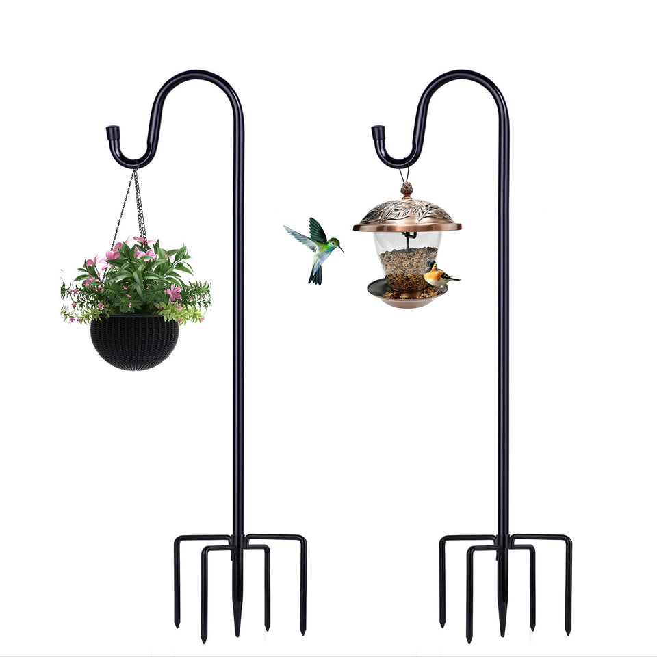 ToyHotels shepherd hooks outdoor 62-inch two-pack with five-prong base for stable bird feeder setups.