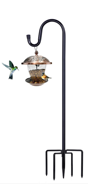 ToyHotels 62-inch outdoor shepherd hook with five-prong base supports bird feeders and lanterns.