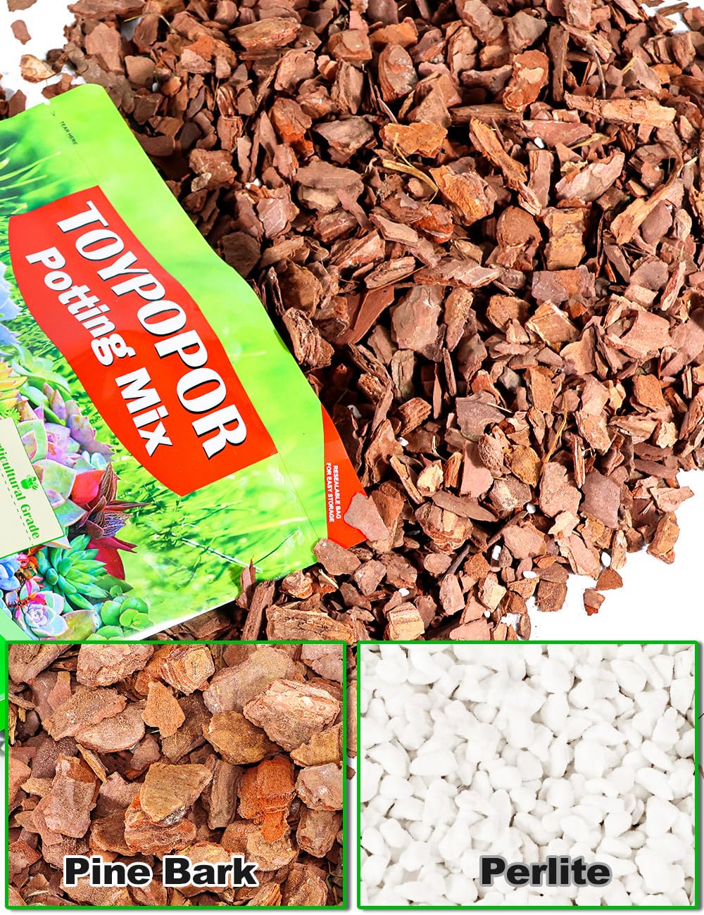 TOYPOPOR Orchid potting mix texture closeup illustrating aeration-friendly pine bark and perlite.