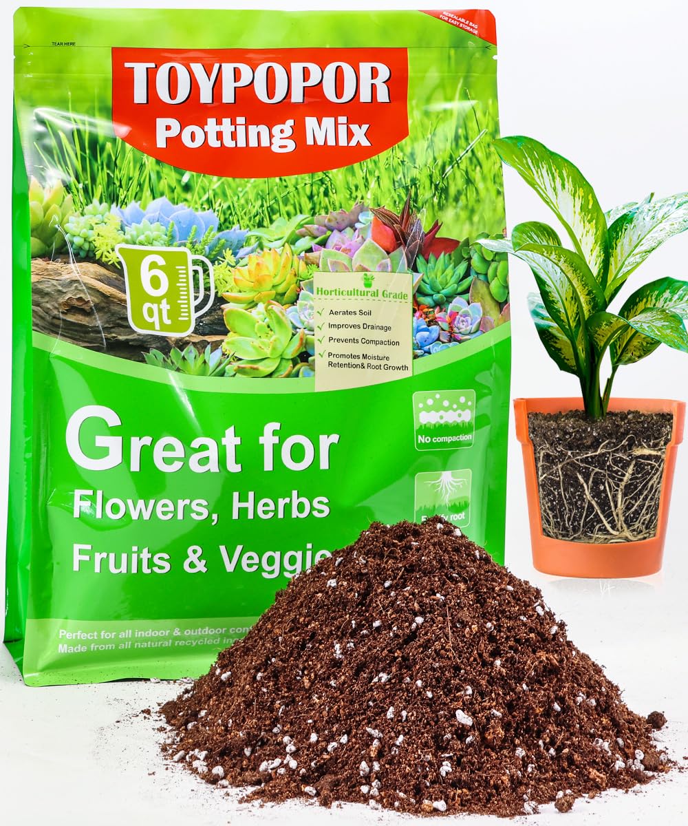 TOYPOPOR potting soil for indoor plants showing all-in-one blend and aeration