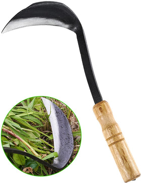 TOYPOPOR weeding sickle with 11-inch wood handle for precise weed cleanup.