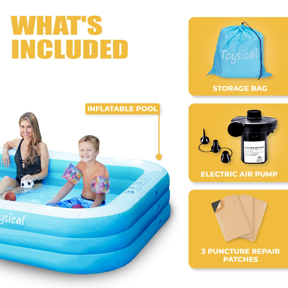 Toysical family enjoying backyard pool for cooling and play