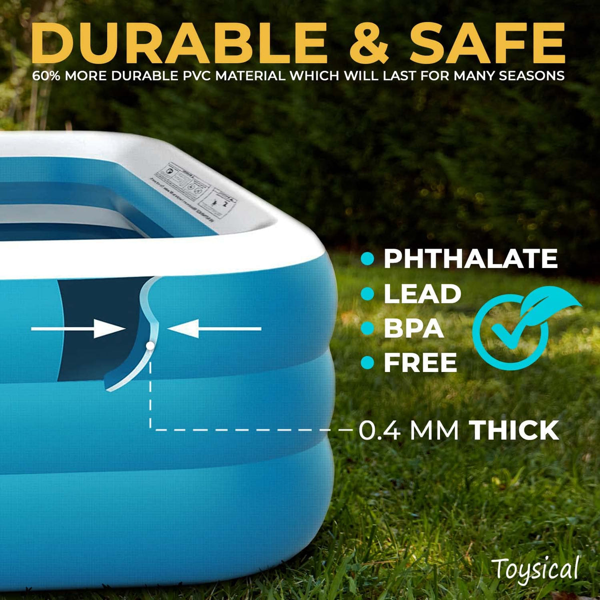 Toysical inflatable pool 118x72x22 top view highlights quick setup and accessibility