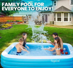 Toysical pool displaying 312-gallon capacity for refreshing days