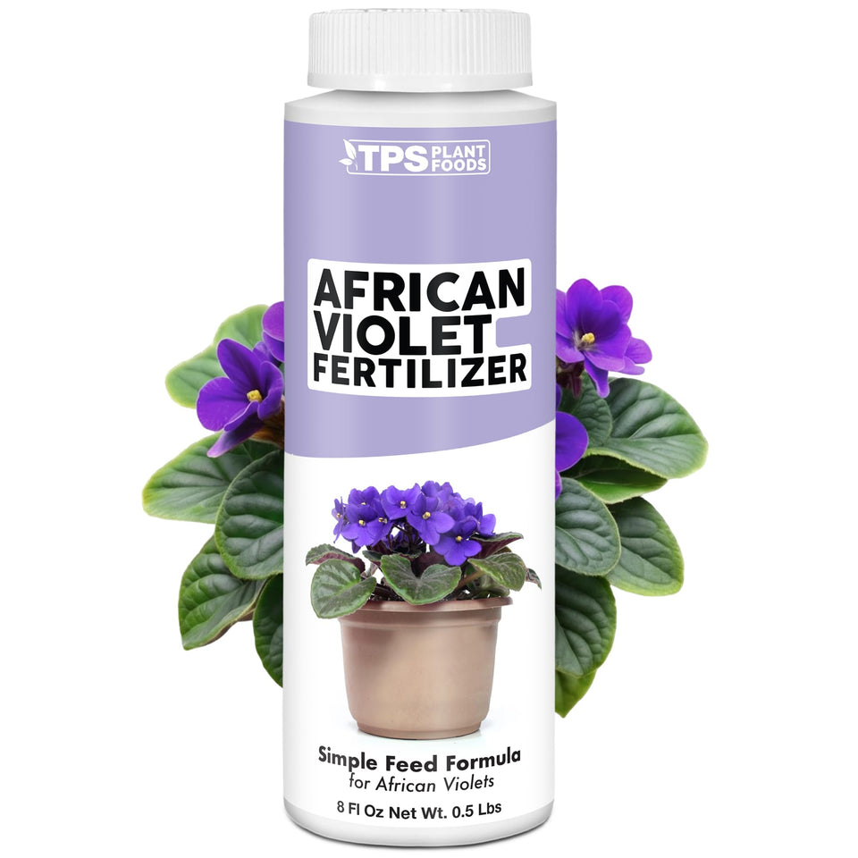 TPS NUTRIENTS African Violet Fertilizer bottle showing easy liquid feeding for vibrant blooms
