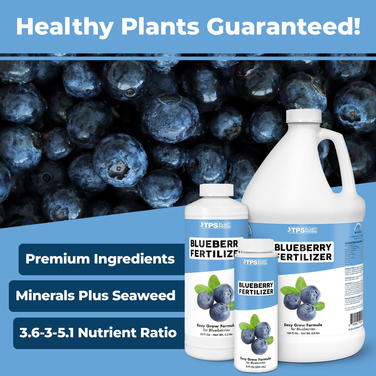 TPS NUTRIENTS Blueberry Fertilizer bottle label highlights USA-made quality