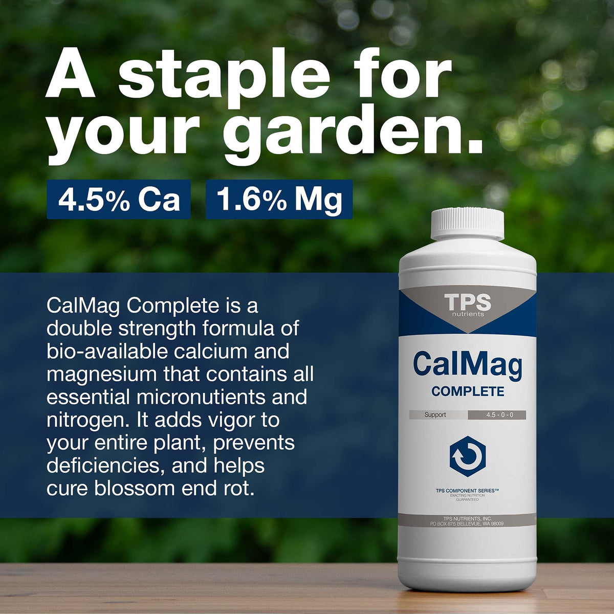 TPS NUTRIENTS Cal-Mag Complete label closeup highlights essential nutrients for strong stems