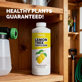 TPS NUTRIENTS Lemon Tree Fertilizer bottle on patio highlights easy outdoor care.