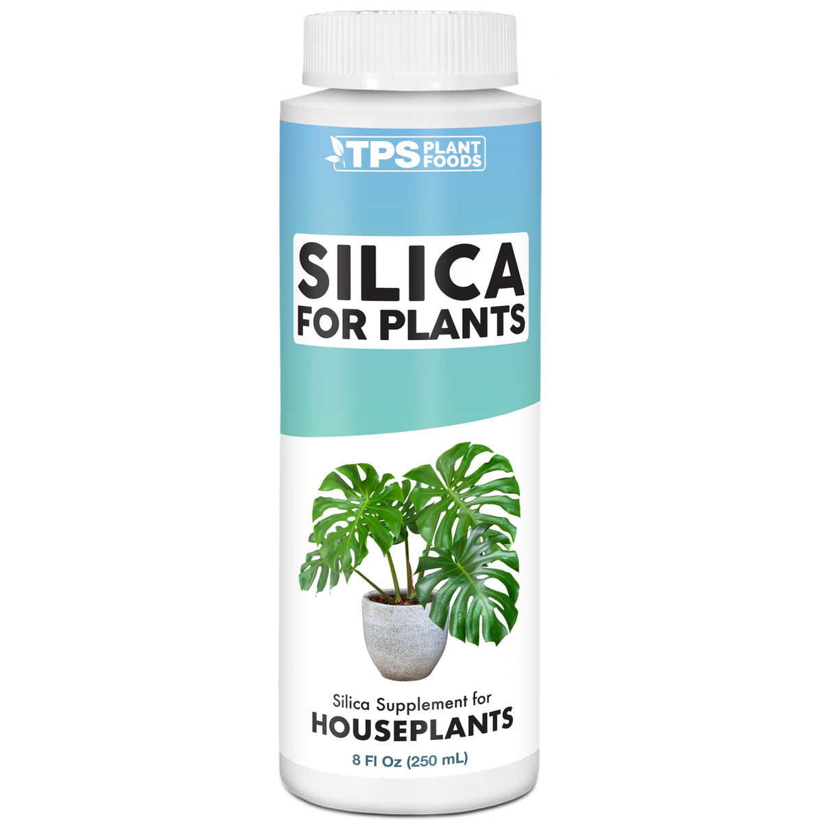 TPS NUTRIENTS silica bottle label highlighting plant strength support for home use