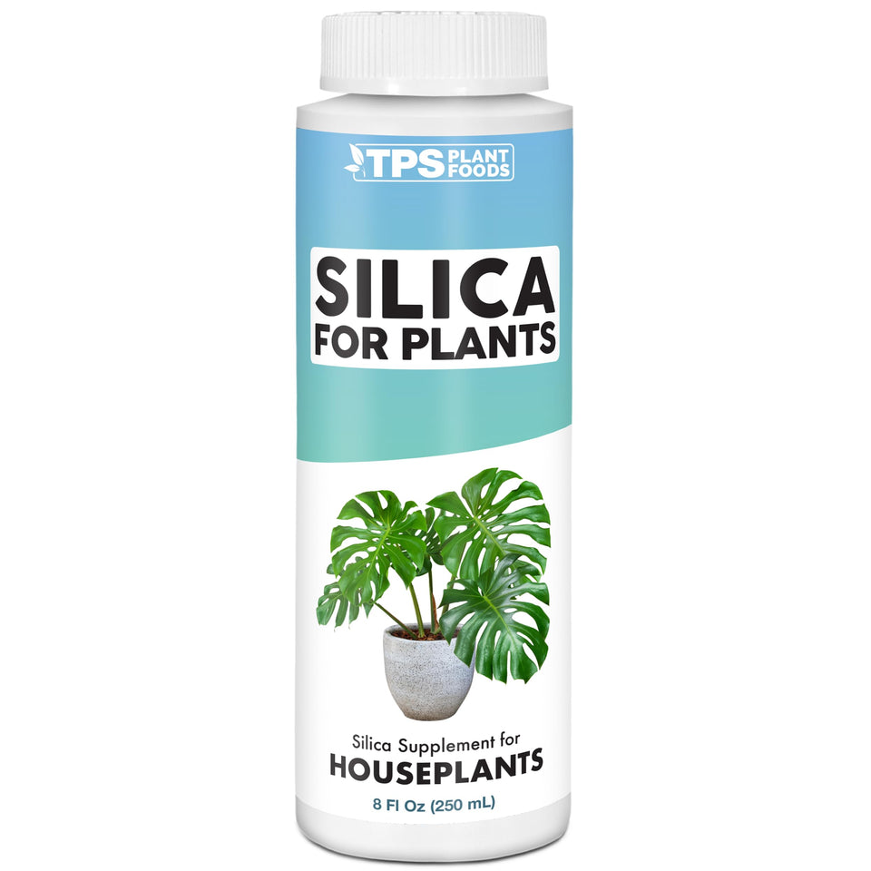 TPS NUTRIENTS silica bottle label highlighting plant strength support for home use