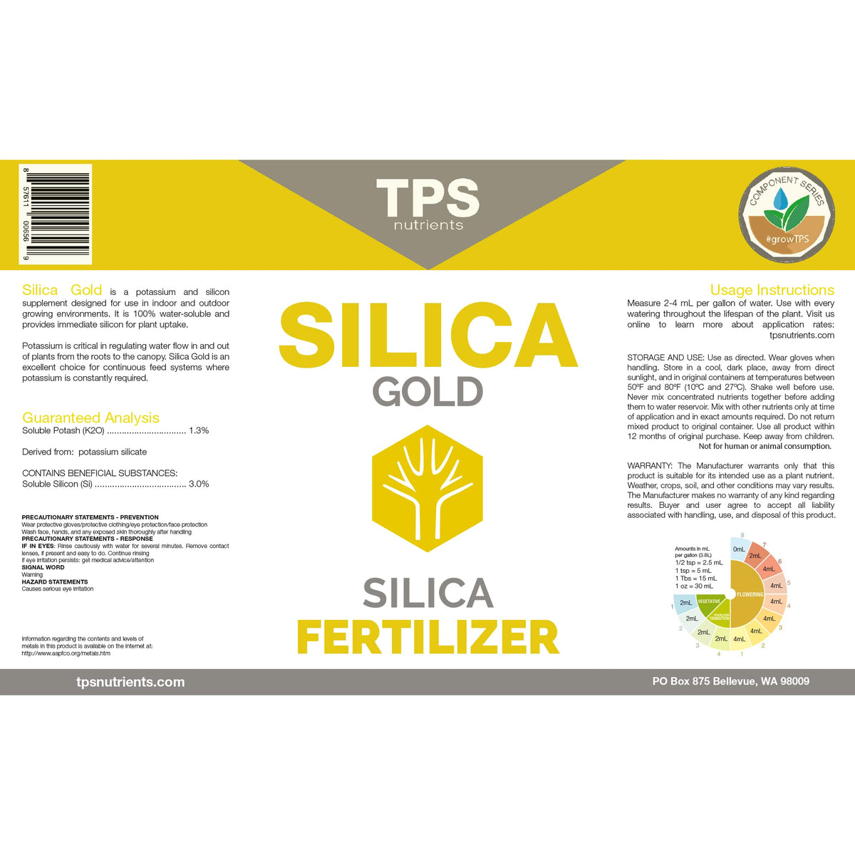 TPS NUTRIENTS Silica Gold label close-up highlights premium formulation for plant strength.