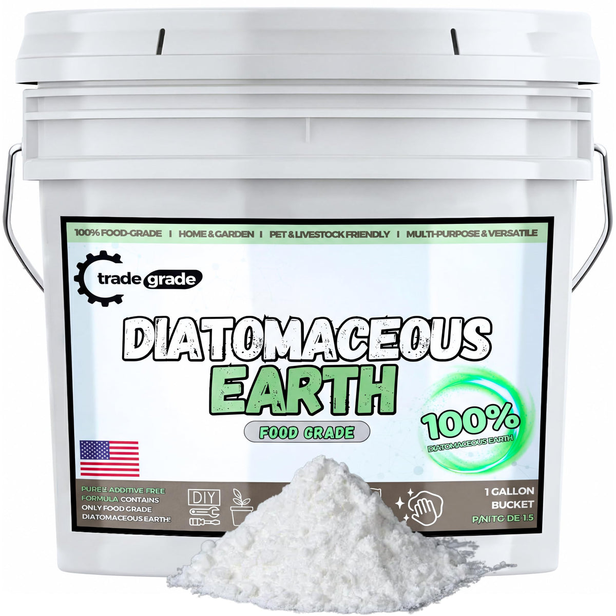 TradeGrade diatomaceous earth bucket pour for easy garden application.