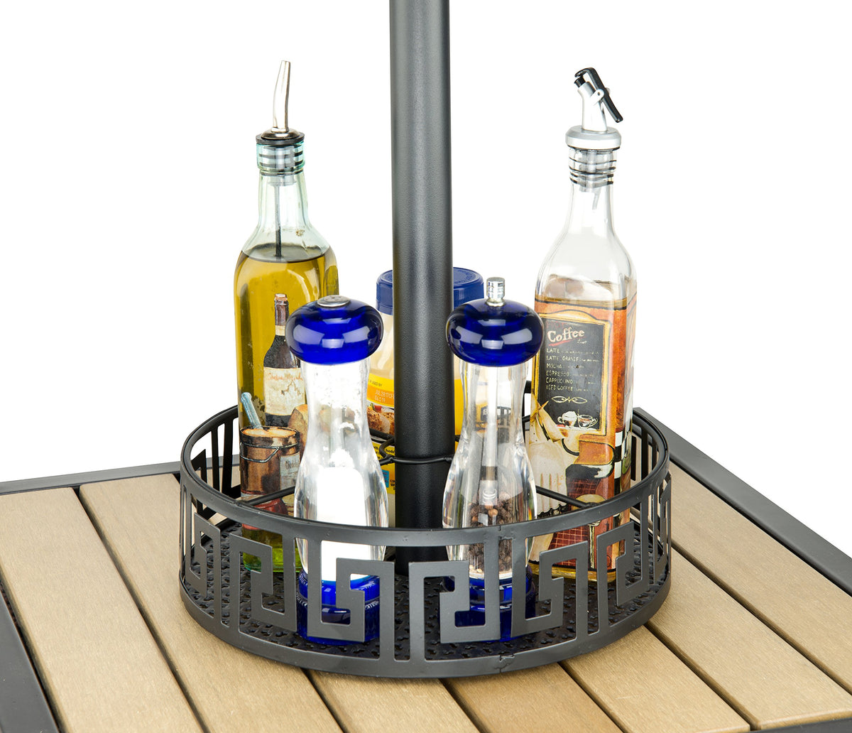Trademark Innovations powder-coated steel umbrella tray adds sturdy support for drinks and condiments
