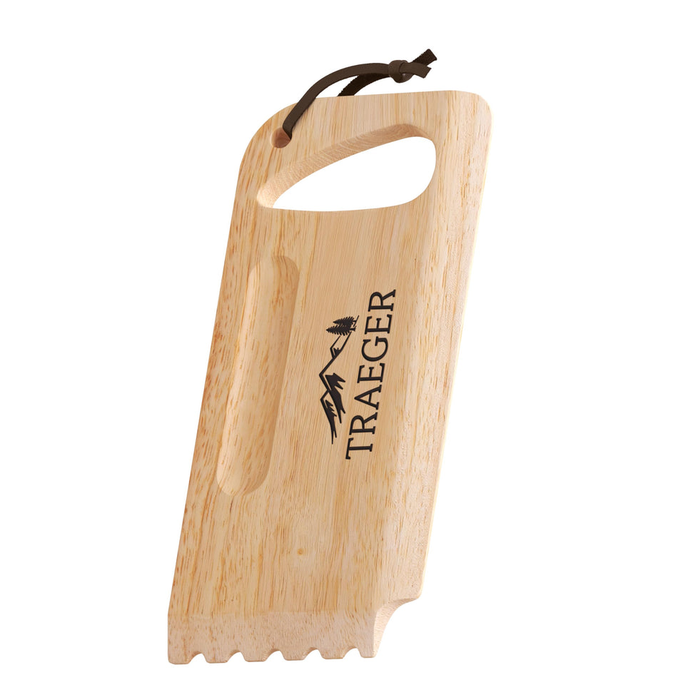 Traeger BAC454 wooden grill scraper close-up showing bristle-free cleaning for safe grates