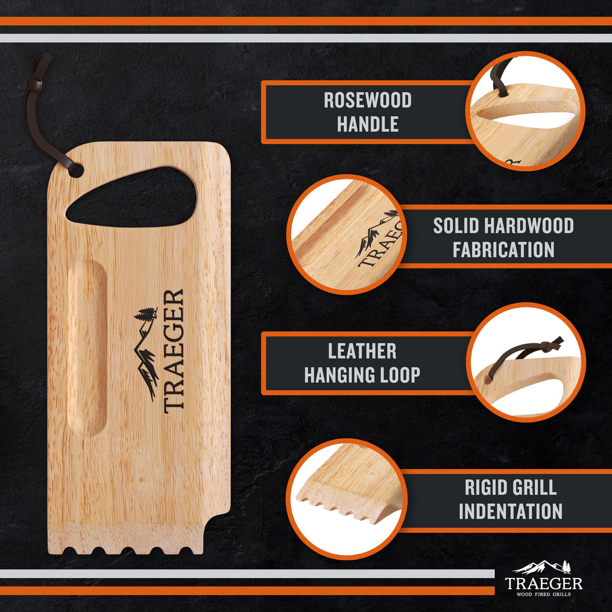 Traeger solid hardwood construction delivers durable bristle-free grate cleaning