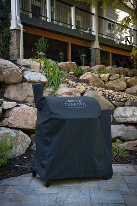 Traeger BAC504 full-length cover back view guards Pro 780 from wind and moisture.