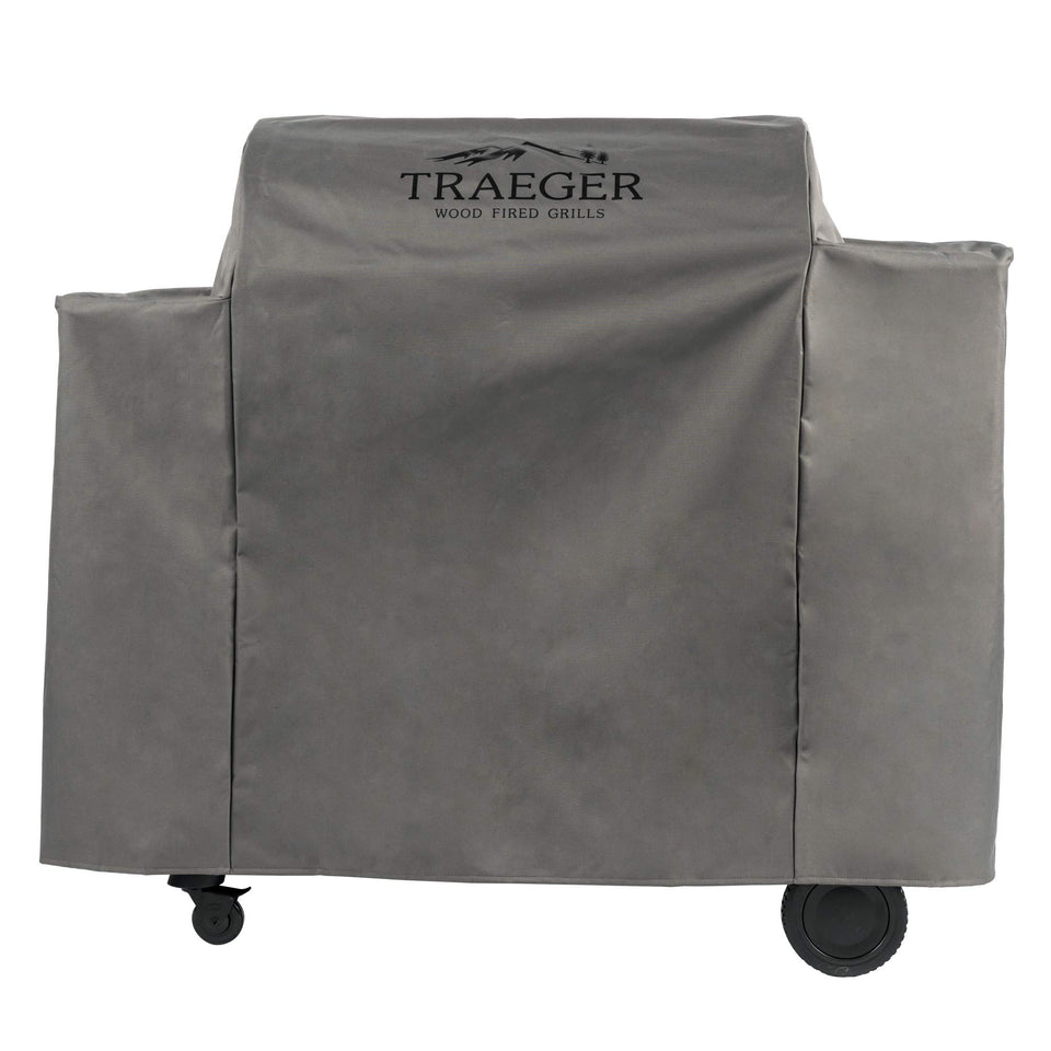 Traeger BAC513 full-length grill cover shields Ironwood 885 from rain and sun.