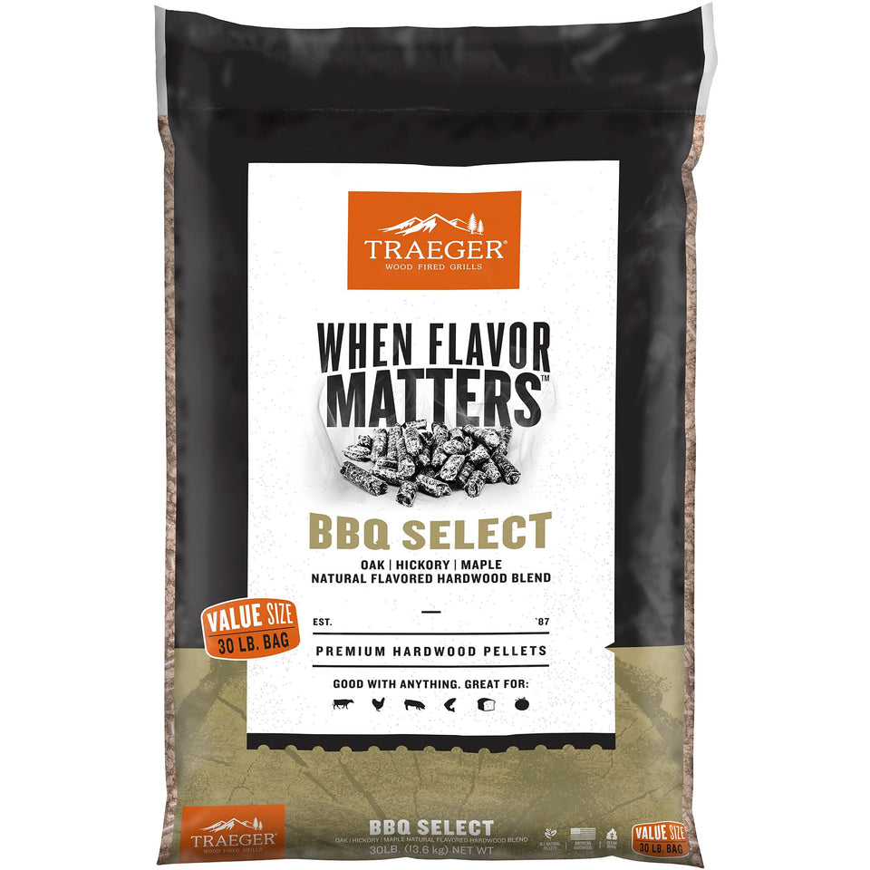 Traeger BBQ Select pellets bag front shows premium oak-hickory-maple blend for versatile grilling.