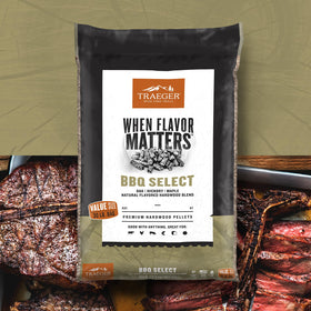 Traeger BBQ Select ready-to-use pellets bag emphasizes convenience and consistent smoke.