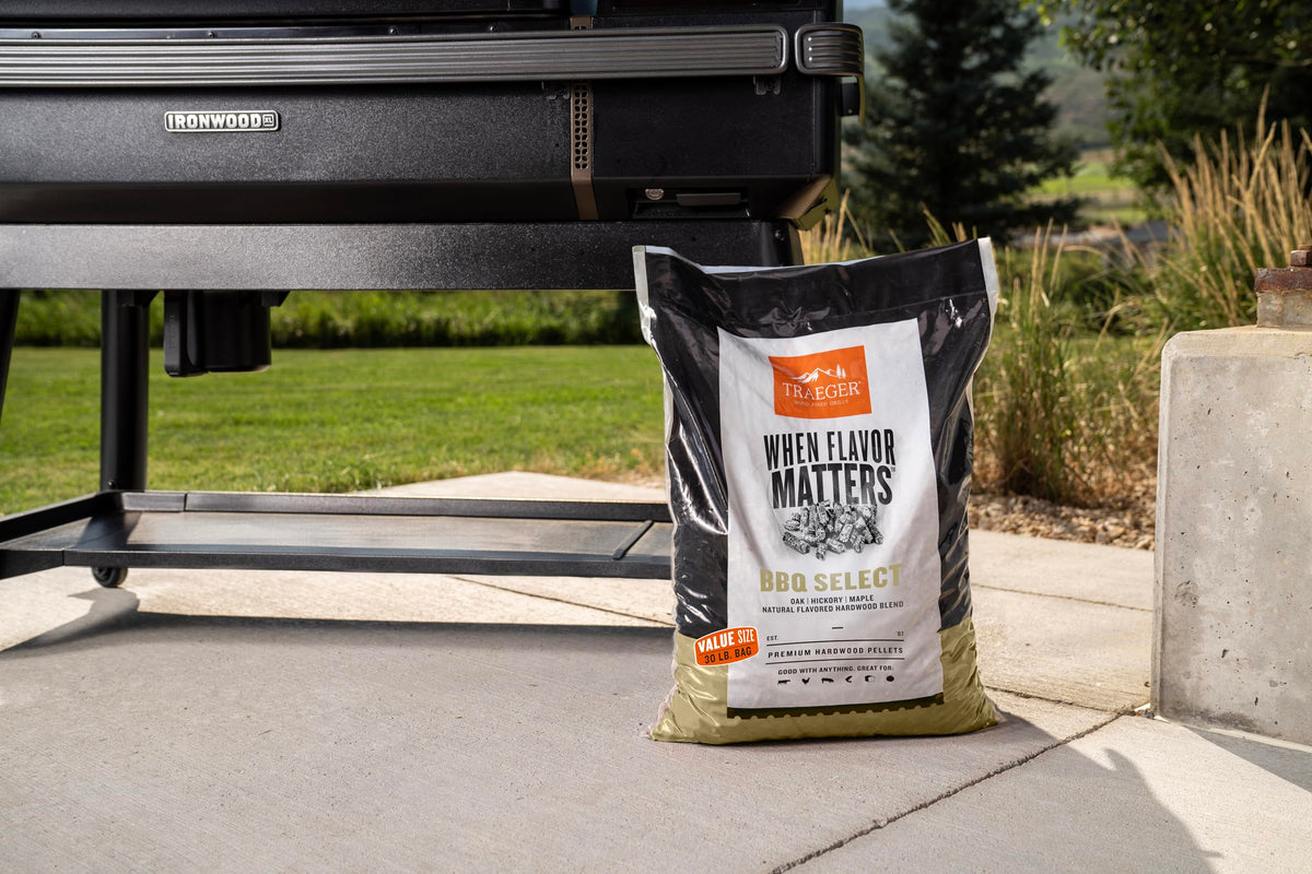 Traeger BBQ Select grill-with-pellets image suggests easy loading and dependable heat.
