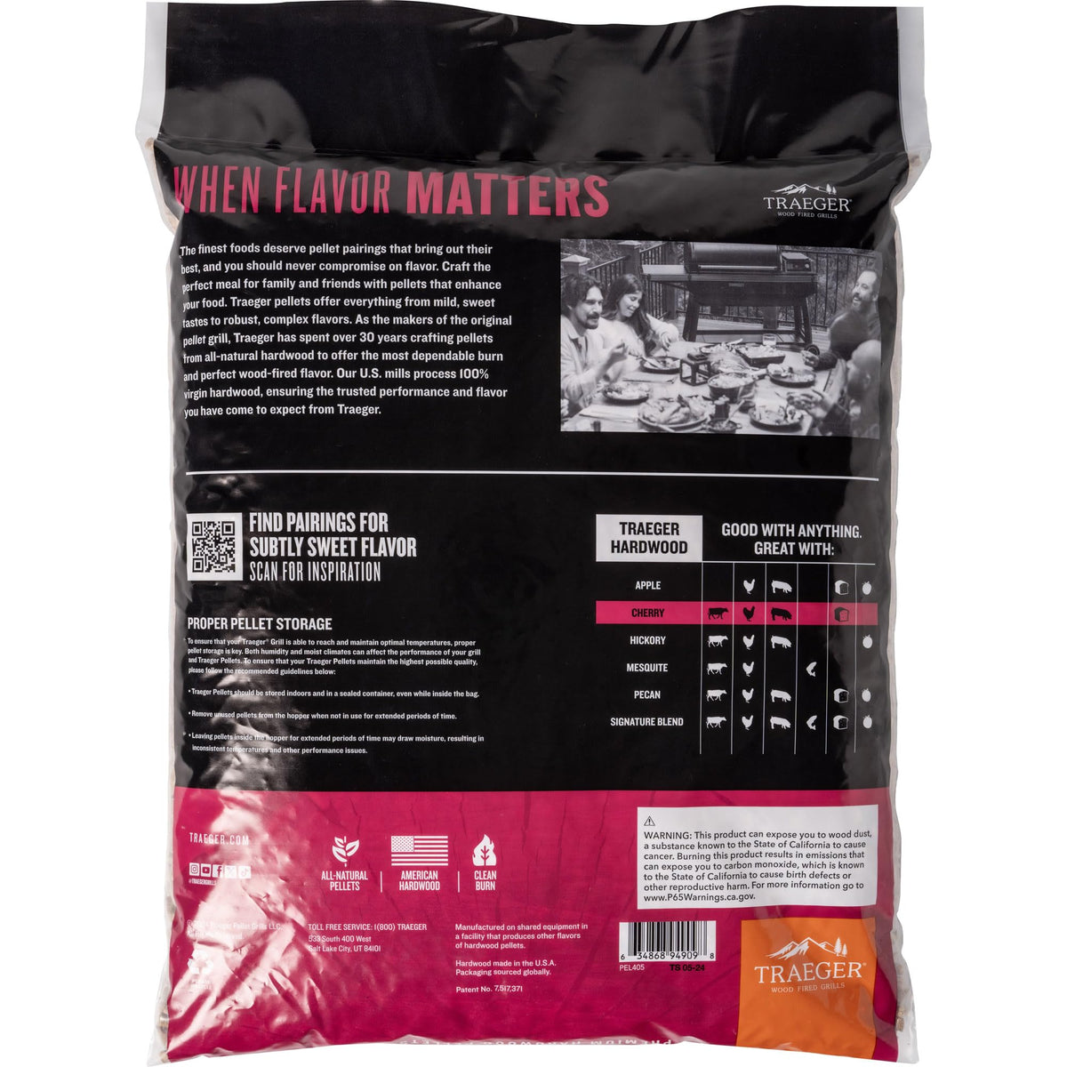 Traeger Cherry pellets bag opened ready to fuel beef, chicken, and pork with fruity aroma