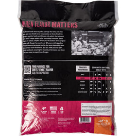 Traeger Cherry pellets bag opened ready to fuel beef, chicken, and pork with fruity aroma