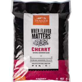 Traeger Cherry pellets packaging showing all-natural hardwood fuel for authentic flavor