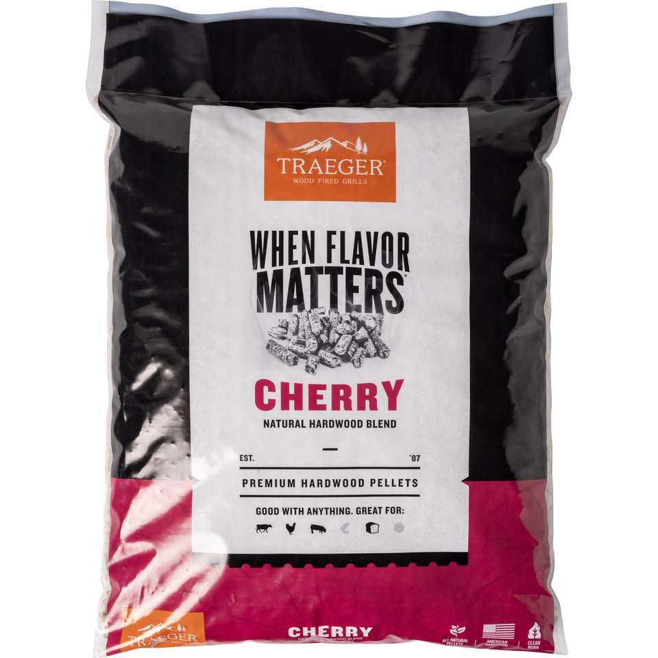Traeger Cherry pellets packaging showing all-natural hardwood fuel for authentic flavor