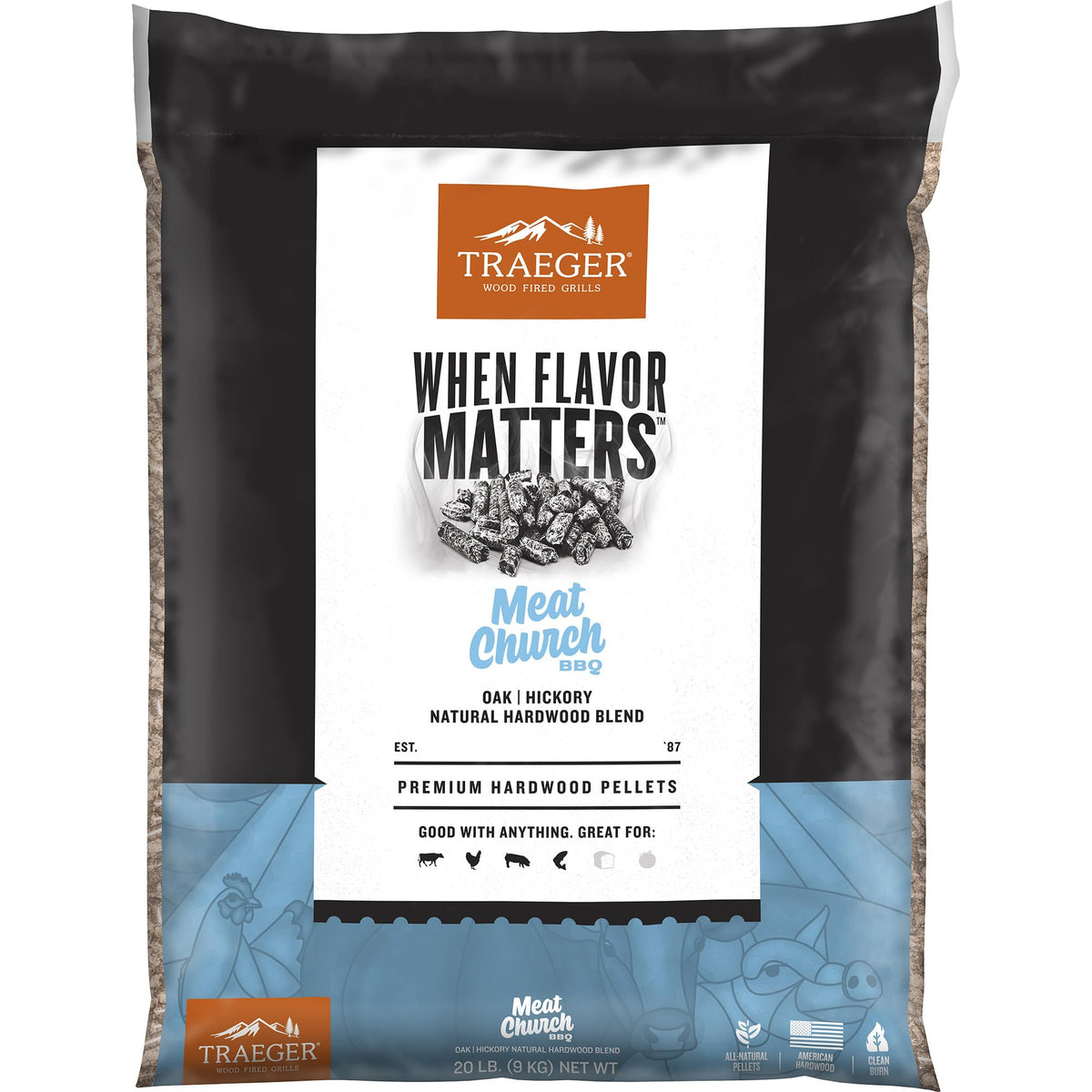 Traeger Meat Church Blend pellets bag shows premium hardwood mix for bold flavor