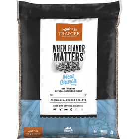 Traeger Meat Church Blend pellets bag shows premium hardwood mix for bold flavor