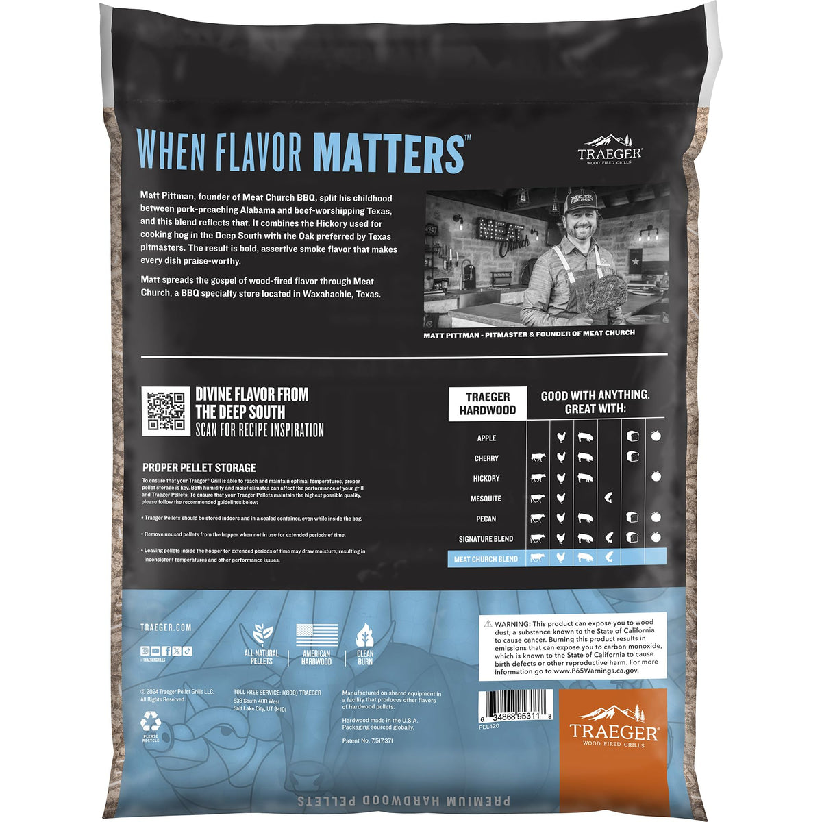 Traeger Meat Church Blend pellets close-up highlights oak and hickory blend for versatile smoking