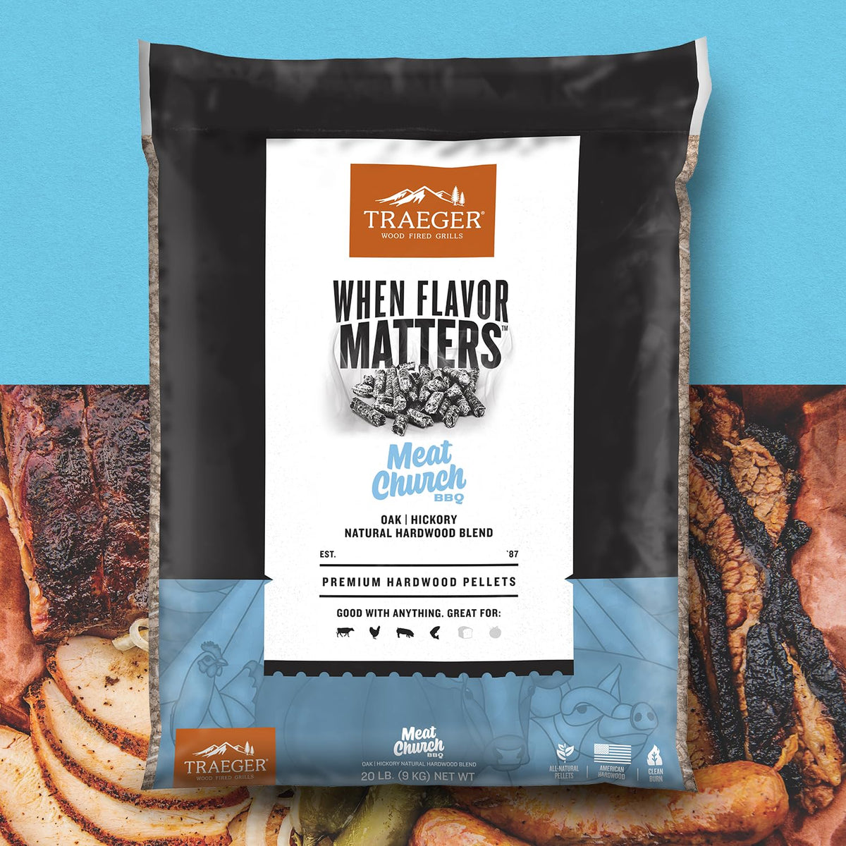 Traeger Meat Church Blend bag label emphasizes American-made quality and no binders