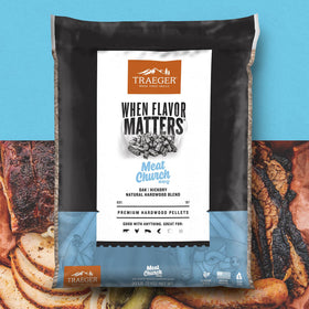 Traeger Meat Church Blend bag label emphasizes American-made quality and no binders