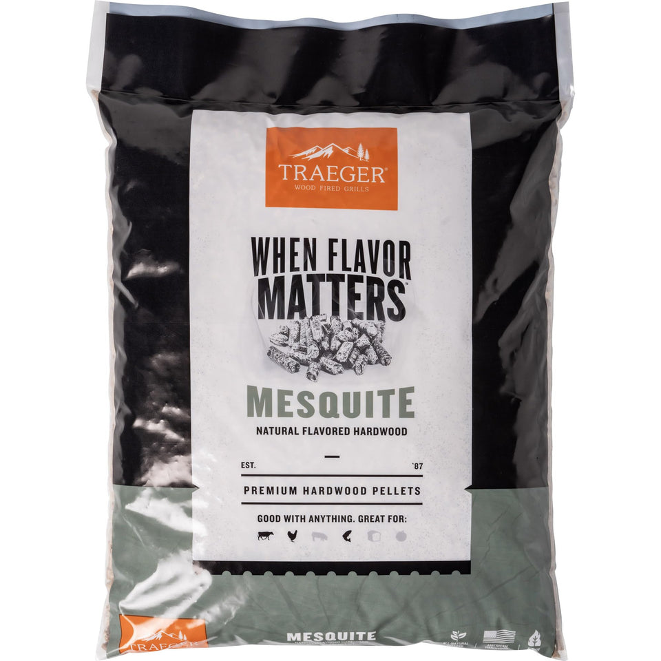 Traeger Mesquite wood pellets bag 18lb for rich beef and BBQ flavor.