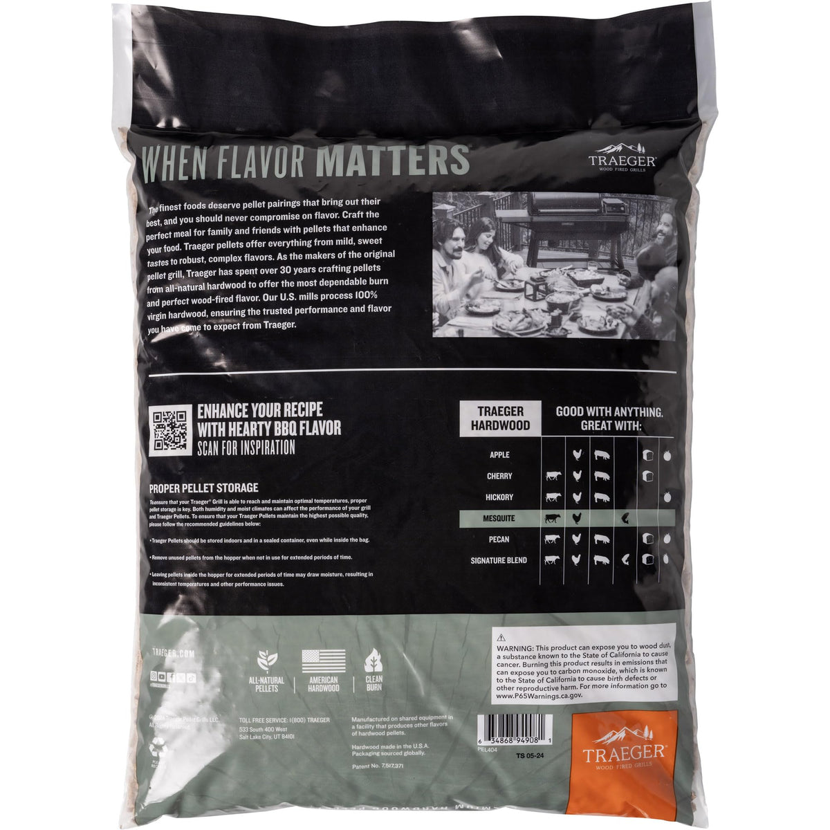 Close-up of Traeger Mesquite pellets showing uniform texture for steady burn.