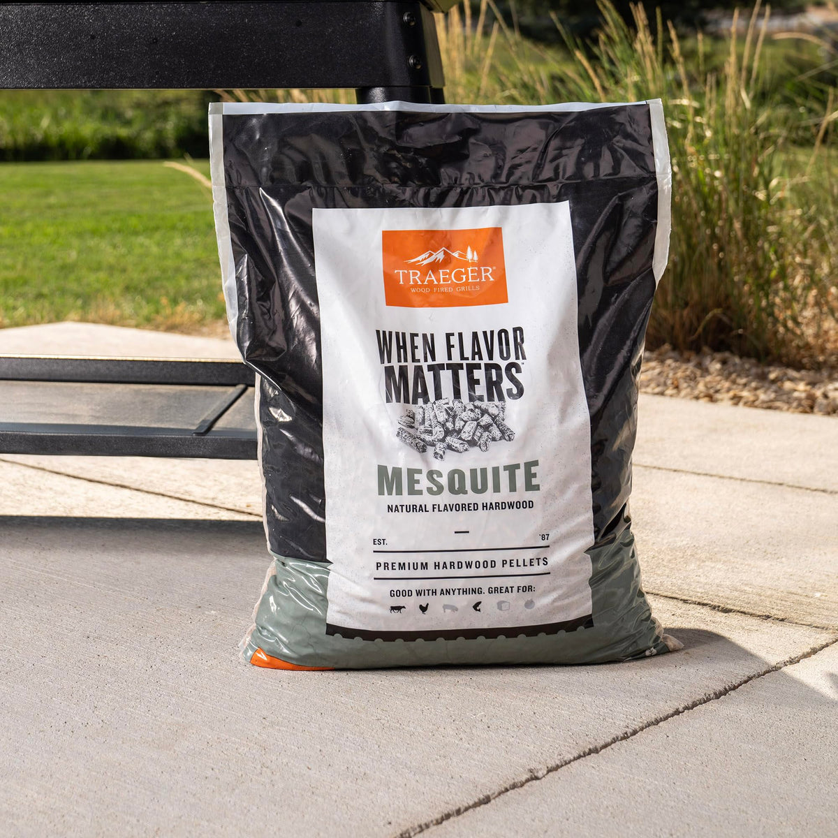 Traeger Mesquite pellets packaging USA-made, signaling premium quality hardwood.