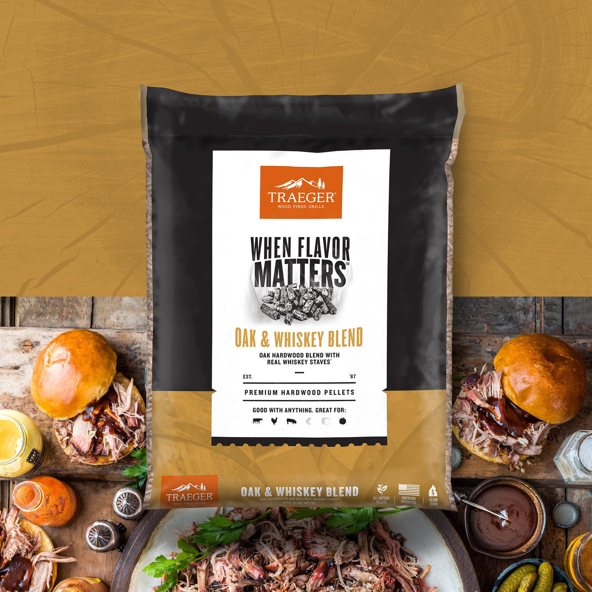 Traeger pellets infused with whiskey staves for deeper smoke aroma.